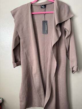 Emprada Mocha Knit Draped Trench Cardigan Coat with Belt